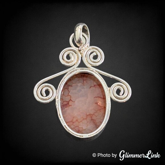 Red Orange Dragon Vein Oval Cabochon Scrollwork Silver Plated Pendant - Picture 7 of 8